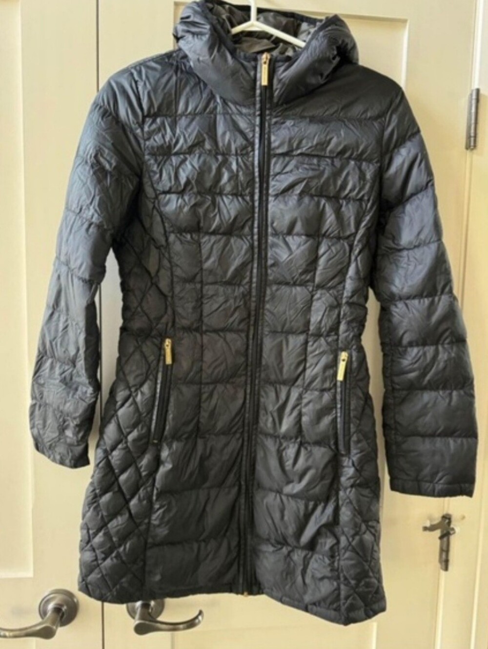 Michael Kors Long Lightweight Black Puffer Jacket with Gold Logo